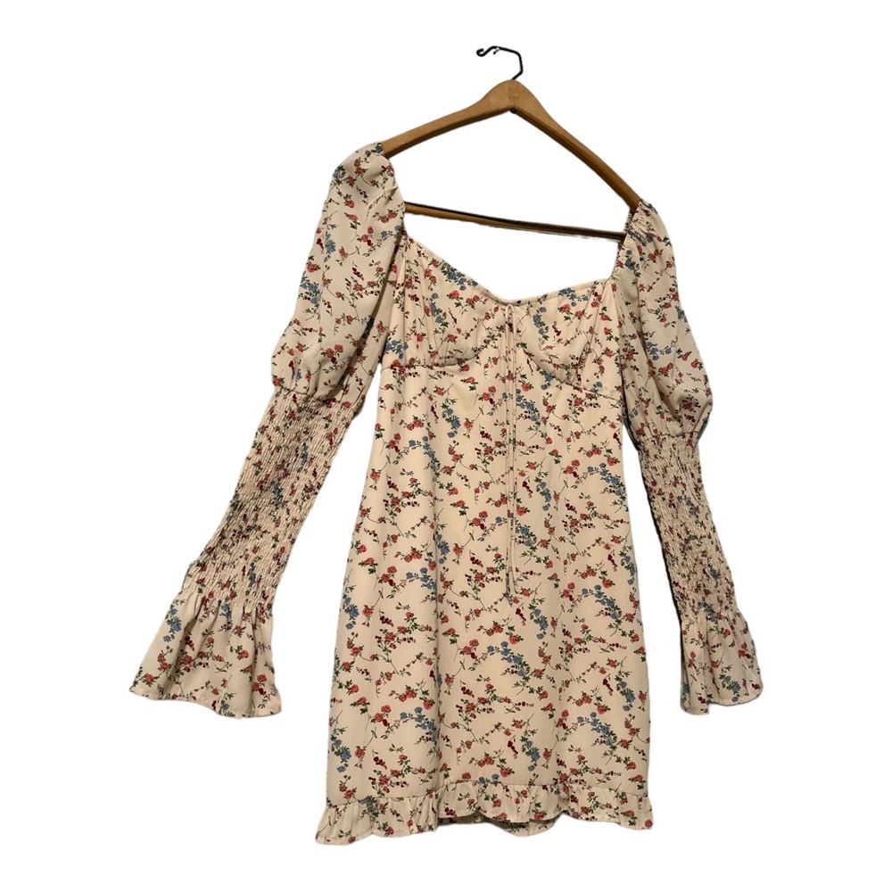 Native Daughters Cream Floral Mini Dress Bell Sleeve Ruffle Hem Size M‎